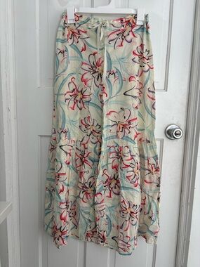Anthropologie Cream Wide-Leg Pants with Blue & Pink Floral Print